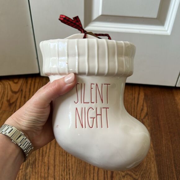 Rae Dunn SILENT NIGHT Ceramic Christmas Stocking Sits Flat or Hang White Red - Picture 2 of 4